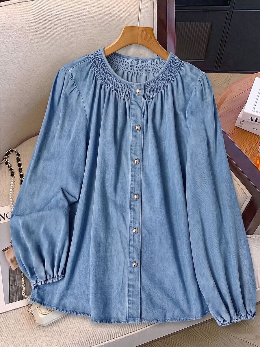 GlowEve CURVE Plus Size Women's Ruched Casual Versatile Daily Wear Denim Top - Blue - View 1