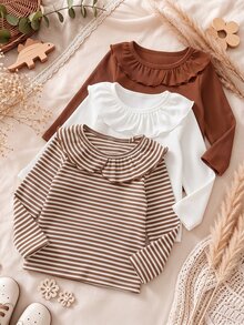 Genkimix Kids Young Girl) 3-Piece Set Elegant Ruffle Collar Ribbed Ribbed + Classic Solid White & Brown Long Sleeve T-Shirt Outfit, Comfortable Casual For School And Outdoor Activities - Multicolor - View 1