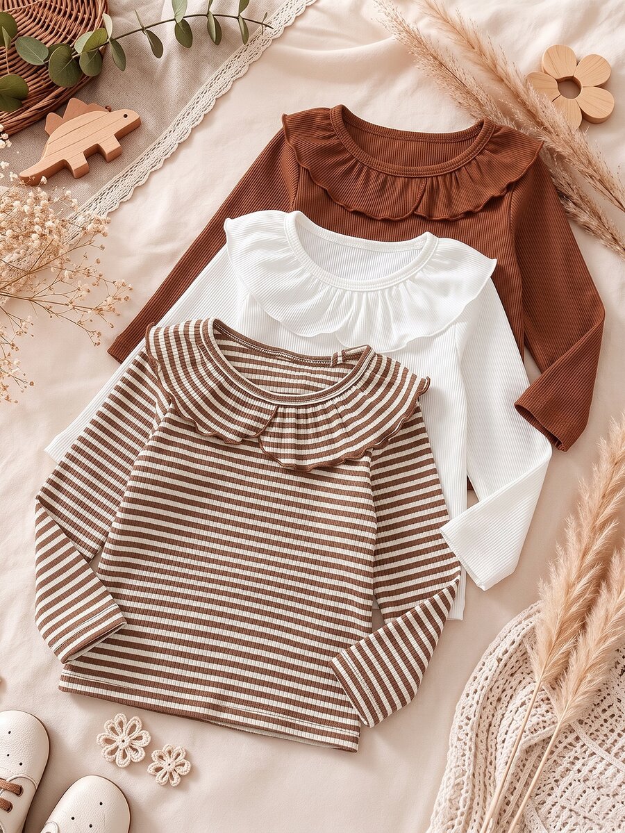 Genkimix Kids Young Girl) 3-Piece Set Elegant Ruffle Collar Ribbed Ribbed + Classic Solid White & Brown Long Sleeve T-Shirt Outfit, Comfortable Casual For School And Outdoor Activities - Multicolor - View 1