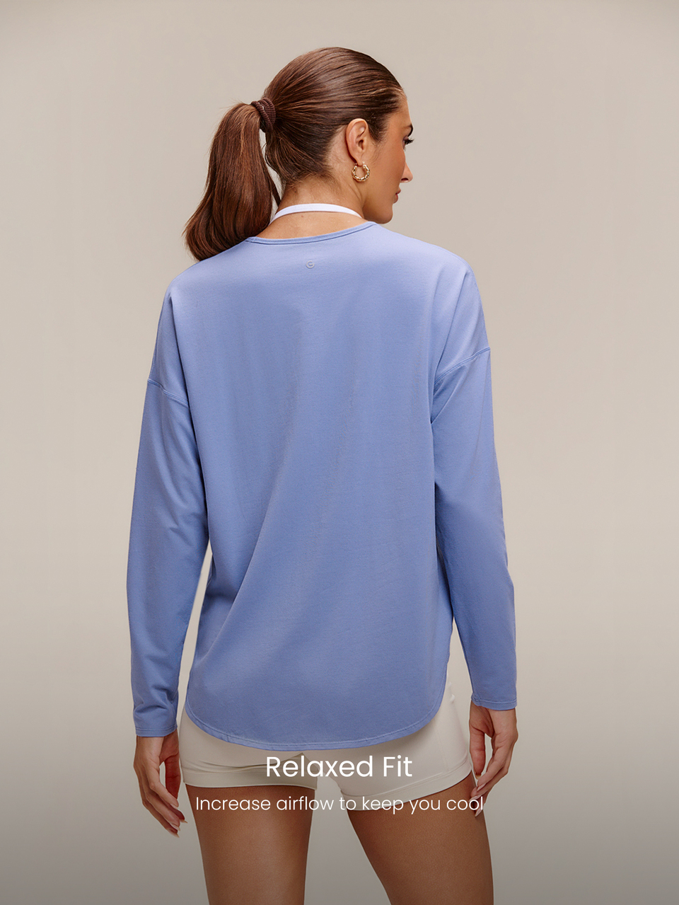 Pima Cotton Oversized Long Sleeve Curved Slit Hem Round Neck Tee Daily Casual  Spring Summer