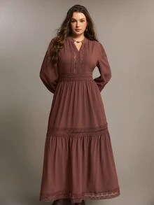 Freevana Gaun Panjang Vintage Wanita Ukuran Besar, Musim Gugur/Dingin - Coffee Brown - View 4