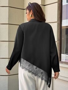 Easura Plus Size Women's Lace Patchwork Casual Daily Wear Blouse - Black - View 2
