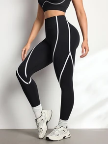 Easithlete Easithlete Women's High Waist Seamless Vertical Stripe Yoga Pants - Black and White - View 4
