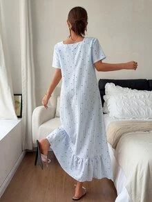 Napfluff 藍色條紋愛心印花荷葉邊中長寬鬆短袖女睡裙 - 藍色 - 查看 2