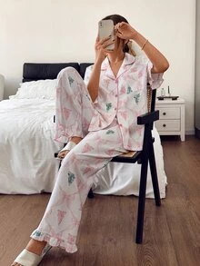 Napfluff Sweet Christmas Tree & Bow Print Ruffle Collar Short Sleeve Loungewear Set - Pink - View 6