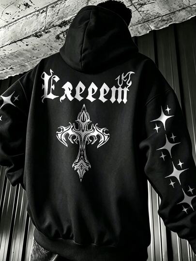 Manfinity Homme Men's Plus Size Letter & Cross Print Long Sleeve Casual Hoodie Sweatshirt