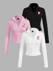 HELLO KITTY AND FRIENDS | SHEIN SHEIN EZwear 3件組女款休閒長袖T恤，字母印花與拉鍊門襟設計 - 彩色 - 查看 14