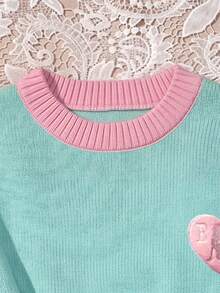 CovetEZ Betty Boop x SHEIN Women's Ribbed Contrast Color Embroidered Sweet Long Sleeve Sweater For School And Vacation - Multicolor - View 5