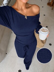 Muchica Ensemble femme automne nouveau marron décontracté en tricot texturé avec épaules asymétriques, t-shirt à manches longues et pantalon pour sortir, streetwear - Bleu marine - Voir 3