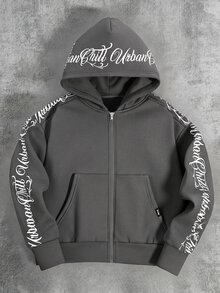 SHEIN Teen Boys' Grey Oversized Letter Floral Autumn Sweatshirt, Zip Up Urban Graphic Sweatshirt, Streetwear, Winter, Black, Graduation, Grey-To-School - Dark Grey - View 1