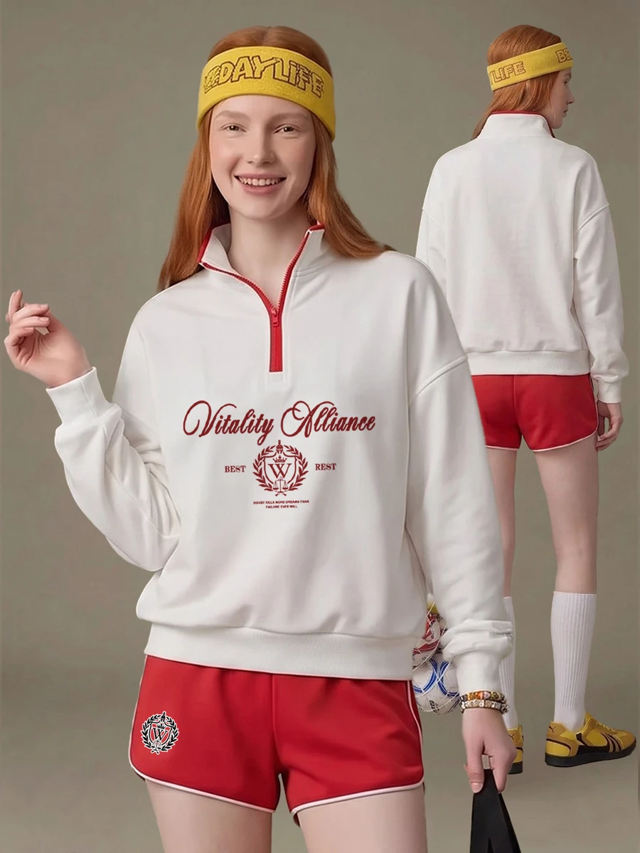 SHEIN Women's Letter Print Long Sleeve Top And Shorts Casual Daily Sports 2 Pieces Set - Red and White - View 1