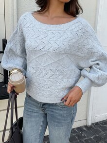 FavEase Women's Solid Color Boat Neck Hollow Out Batwing Long Sleeve Loose Sweater - Grey - View 6