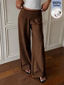 SHEIN EZwear Women's Solid Color Pleated Casual Versatile Daily Wear Long Pants - Brown - View 5