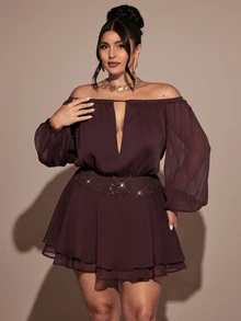 Gossip Girl X SHEIN SHEIN BAE CURVE Plus Size Women Solid Color Off-Shoulder Casual Everyday Summer Mini Dress,Red-Brown Mesh Off-Shoulder Deep V-Neck Lantern Long Sleeve Wide Waist - Coffee Brown - View 6