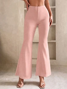 SHEIN PETITE 純色喇叭褲腿春季黑色長褲 - 粉色 - 查看 4
