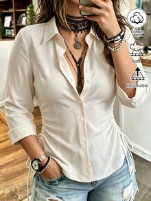 Weeklong Plus Size Women's Autumn/Winter Waist Ruched Drawstring Casual Commute Blouse - Apricot - View 5