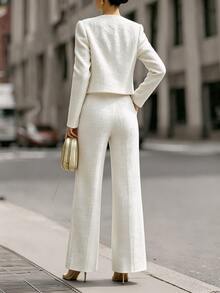 SHEIN Women's Autumn/Winter New White Elegant Pearl Metal Button Round Neck Short Jacket & Straight Leg Pants Set, Suitable For Daily Commute, Business Meetings And Various Occasions - White - View 2