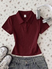 青少年女孩白色純色休閒極簡半拉鍊 Polo 領修身短袖 T 恤 - 紅色 - 查看 1
