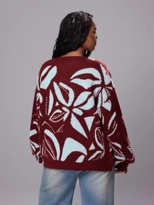 Rustia Plus Size Women's Geometric Pattern Drop Shoulder Long Sleeve Single-Breasted Casual Knit Cardigan Winter - Multicolor - View 2