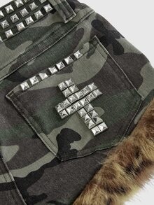 ROMWE Grunge Punk Vintage Hot Girl Rhinestone Camo Washed Y2K Cross Studs Decor Women's Ultra Low Waist Mini Denim Shorts - Multicolor - View 5