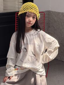 Livesso Tween Girl Letter & Rocking Horse Print Crew Neck 2 In 1 Long Sleeve Casual T-Shirt - White - View 6