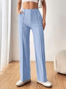 SHEIN EZwear 女款素色直筒西裝長褲 秋冬款 - 藍色 - 查看 6