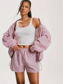 Athîral Women's Striped Long Sleeve Top And Shorts Casual Daily Sports Set - Pink - View 5