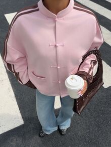 Muchica Women's New Autumn/Winter Pink Suede Velvet Button Decor Patchwork Ribbon New Chinese Style Jacket For Going Out, Streetwear, Y2K,Fall Clothes - Pink - View 3