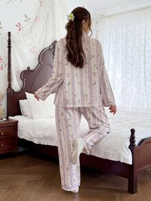 CottageSlumber Plus Size Romantic Striped Floral Print Petal Sleeve Collared Top And Long Pants Pajama Set - Mauve Purple - View 2