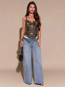 SHEIN BAE Fall Winter Beige Leopard Print Lace Trim Deep V Spaghetti Strap Bodycon Sleeveless Bodysuit Thanksgiving Party Night Out Brunch - Multicolor - View 5