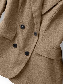 GlowEve CURVE Blazer Tipis Kancing Ganda Ukuran Plus untuk Wanita Musim Semi/Panas, Jaket Jas Kasual untuk Perjalanan Kerja dengan Manset Patchwork Garis Kontras - Khaki - View 8
