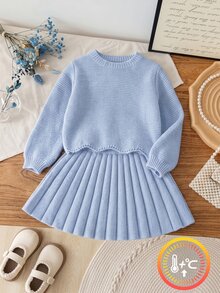 Souflis Young Girl Outfit Set Light Blue Knit Sweater Long Puff Sleeve Solid Top With Pleated Skirt - Blue - View 3