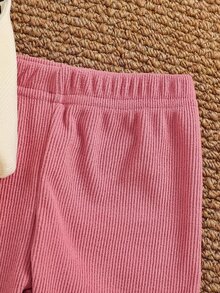 SHEIN 2件組女嬰開襟衫長褲套裝，甜美優雅奶油粉色蝴蝶結波點蕾絲荷葉邊波浪邊長袖領口設計，生日派對秋季假期穿搭 - 杏色 - 查看 7