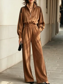 SHEIN جمبسوت نسائي رياضي عتيق من الشمواه باللون البني الكاكي، بياقة واقفة وسحاب أمامي وجيوب وتصميم كتل لونية، بأكمام طويلة، كاجوال وأنيق للشارع والتنقل، لفصلي الخريف والشتاء - بني - مشاهدة 4