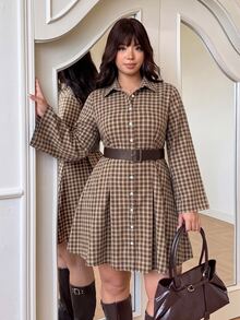 GalTyme Plus Size Streetwear Button Plaid Long Sleeve Dress - Brown - View 2
