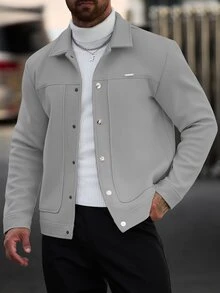 Manfinity CasualCool 男士素色休閒長袖外套，秋冬款男士奶油色鈕扣大衣 - 淺灰色 - 查看 4