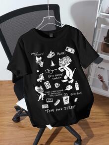 TOM & JERRY X SHEIN SHEIN EZwear 大尺碼卡通圖案印花圓領短袖T恤，返校街頭休閒風 - 黑色 - 查看 1