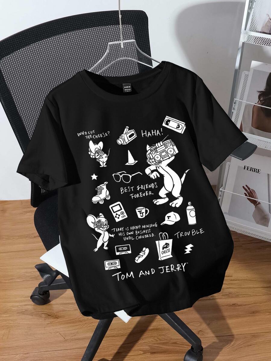 TOM & JERRY X SHEIN SHEIN EZwear 大尺碼卡通圖案印花圓領短袖T恤,返校街頭休閒風 - 黑色 - 查看 1