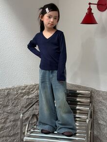 Dazy Kids Tween Girl) V-Neck Fitted Casual Long Sleeve Basic T-Shirt - Navy Blue - View 9