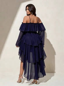 Viva Relle Plus Size Women's Solid Color Cold Shoulder Multi-Layer Ruffle Hem Fashion Sexy High-Low Dress Fall - Navy Blue - View 7