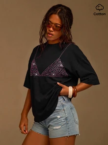Athîral Women's Oversized Black Tee,Rhinestone Embellished,Crew Neck,Bikini Motif,Summer,Statement Dressing,Edgy Glam,Vacation Daily Night Out,T-Shirt - Black - View 5