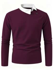 Manfinity Homme 男士對比色長袖 Polo 衫，老錢風黑白配色秋季商務休閒辦公背心，禮品、儀式適用 - 酒紅色 - 查看 4