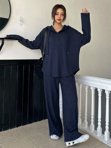 DAZY 女款純色長袖連帽衫與長褲休閒兩件套 - 藏蓝色 - 查看 6