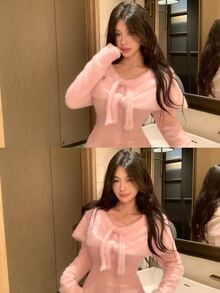 DAZY Pink V-Neck Tie Bow Fuzzy Fitted Long Sleeve Sweet Cute Girly Style Knitted Sweater - Pink - View 5