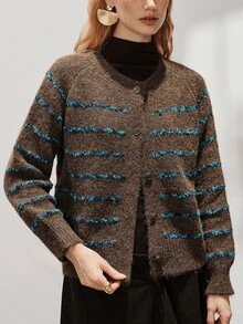 Aveloria Modichic Maillard Brown & Blue Contrast Striped Crew Neck Patterned Metal Button Slouchy Loose Fit Button-Up Sweater - Multicolor - View 6