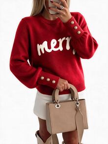 SHEIN LUNE 女款秋冬新款紅色圓領字母刺繡長袖優雅休閒日常通勤度假時尚針織套頭毛衣 - 紅色 - 查看 6