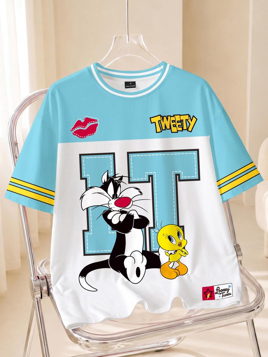 LOONEY TUNES X SHEIN 男士字母與條紋印花圓領短袖休閒T恤 - 白色 - 查看 1