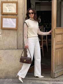 Serisse Women's French Style Elegant Lace Patchwork 2 In 1 Contrast-Color Piping Knit Sweater Autumn WinterLongSleeve Warm Pullover Layering Topbusinessbrunch - Apricot - View 5