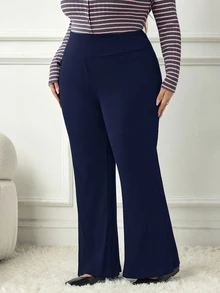 SHEIN CURVE+ 大尺碼黑色羅紋喇叭褲，高腰彈性修身長褲 - 藏蓝色 - 查看 5