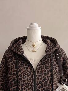 SHEIN EZwear 經典棕色豹紋拉鍊連帽衛衣，棕色調，秋季休閒街頭風，Y2K復古風格，適合日常穿著與度假 - 彩色 - 查看 3